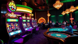 Players enjoying thrilling games at ww88 casino, featuring vibrant slot machines and roulette.