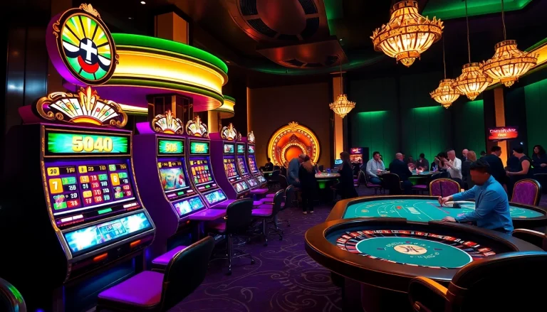 Players enjoying thrilling games at ww88 casino, featuring vibrant slot machines and roulette.