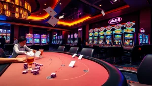 Engage in thrilling gameplay at ok88 with an exciting casino scene featuring poker, roulette, and slots.