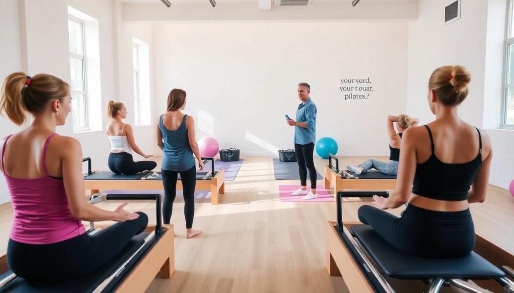 多様な人々が一緒に練習している活気あるピラティススタジオの場面。ピラティス おすすめ のメリットを強調。