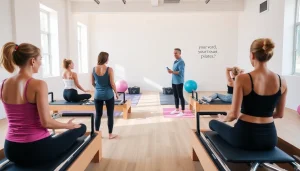 多様な人々が一緒に練習している活気あるピラティススタジオの場面。ピラティス おすすめ のメリットを強調。