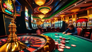 Players engage in thrilling games featuring onicplay amidst an elegant casino backdrop with vibrant slot machines and roulette.