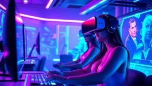 Engaging scene showcasing AI-generated porn games for adult gamers, with vibrant neon colors and immersive digital landscapes.