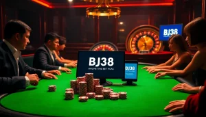 Engaging players at a BJ38 casino table, surrounded by vibrant poker chips and a roulette wheel.