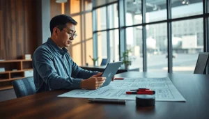 Engineer analyzes das 142 blueprints in a bright office setting for construction planning.
