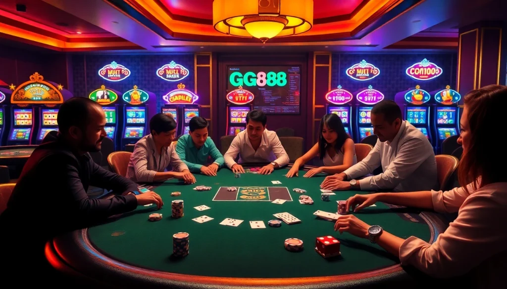 Experience the thrill of high-stakes poker at https://gg88.co.com/ with colorful gaming elements and vibrant casino lights.
