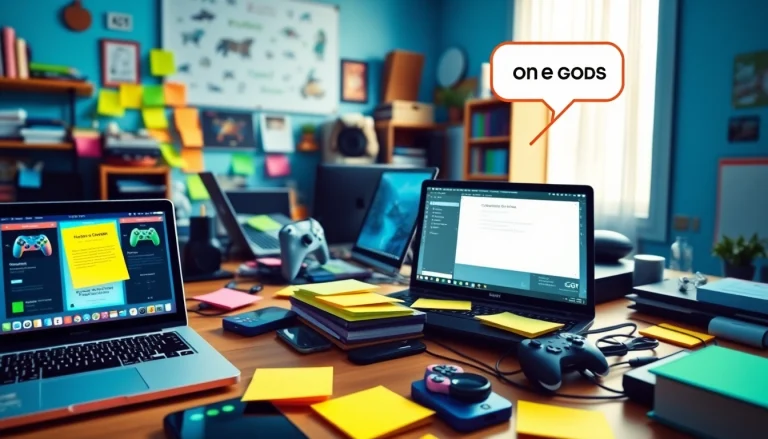 ポケットクロス 招待コードの共有に焦点を当てた活気あるデジタルワークスペース。ノートパソコンとゲームをテーマにした装飾を特徴としています。