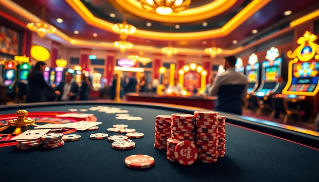 Engaging players at the nhà cái vmax casino table surrounded by vibrant slot machines and excitement.