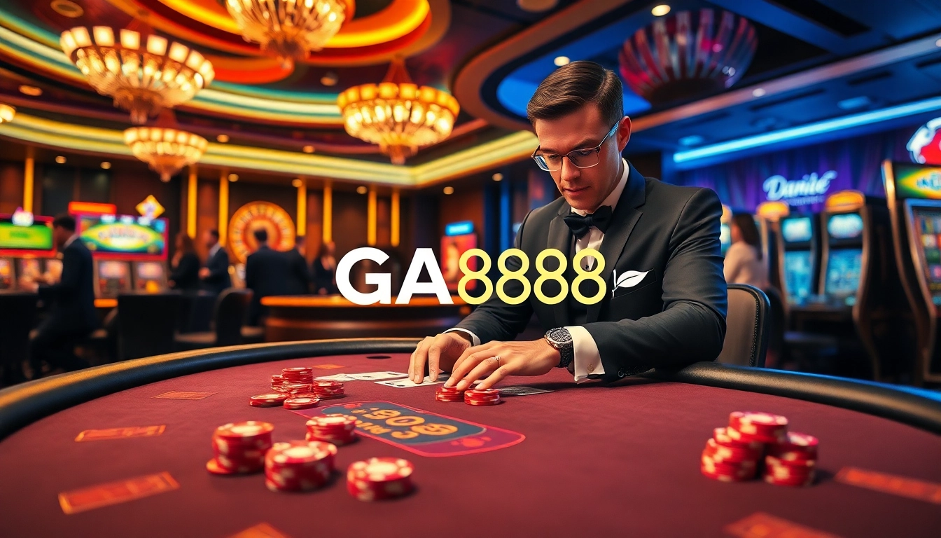 Experience the thrill of GA888 at a luxurious blackjack table with vibrant casino decor.