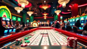 Link Mahjong action at a casino table with colorful tiles and excited players.