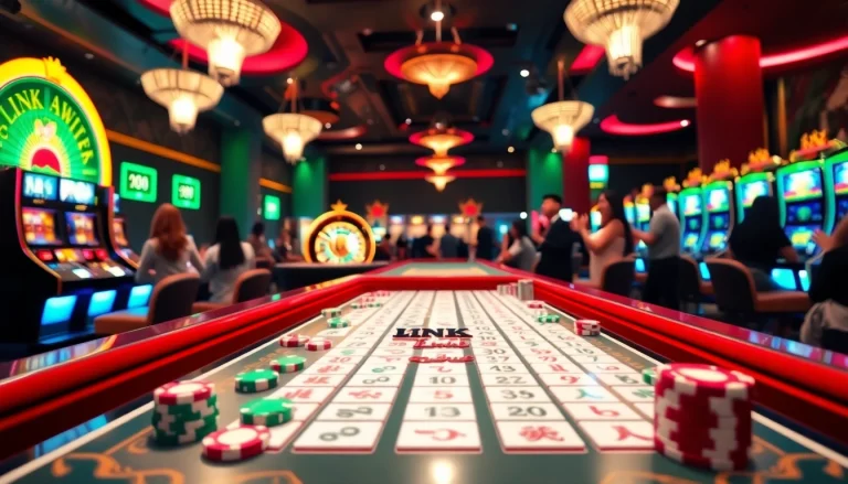 Link Mahjong action at a casino table with colorful tiles and excited players.