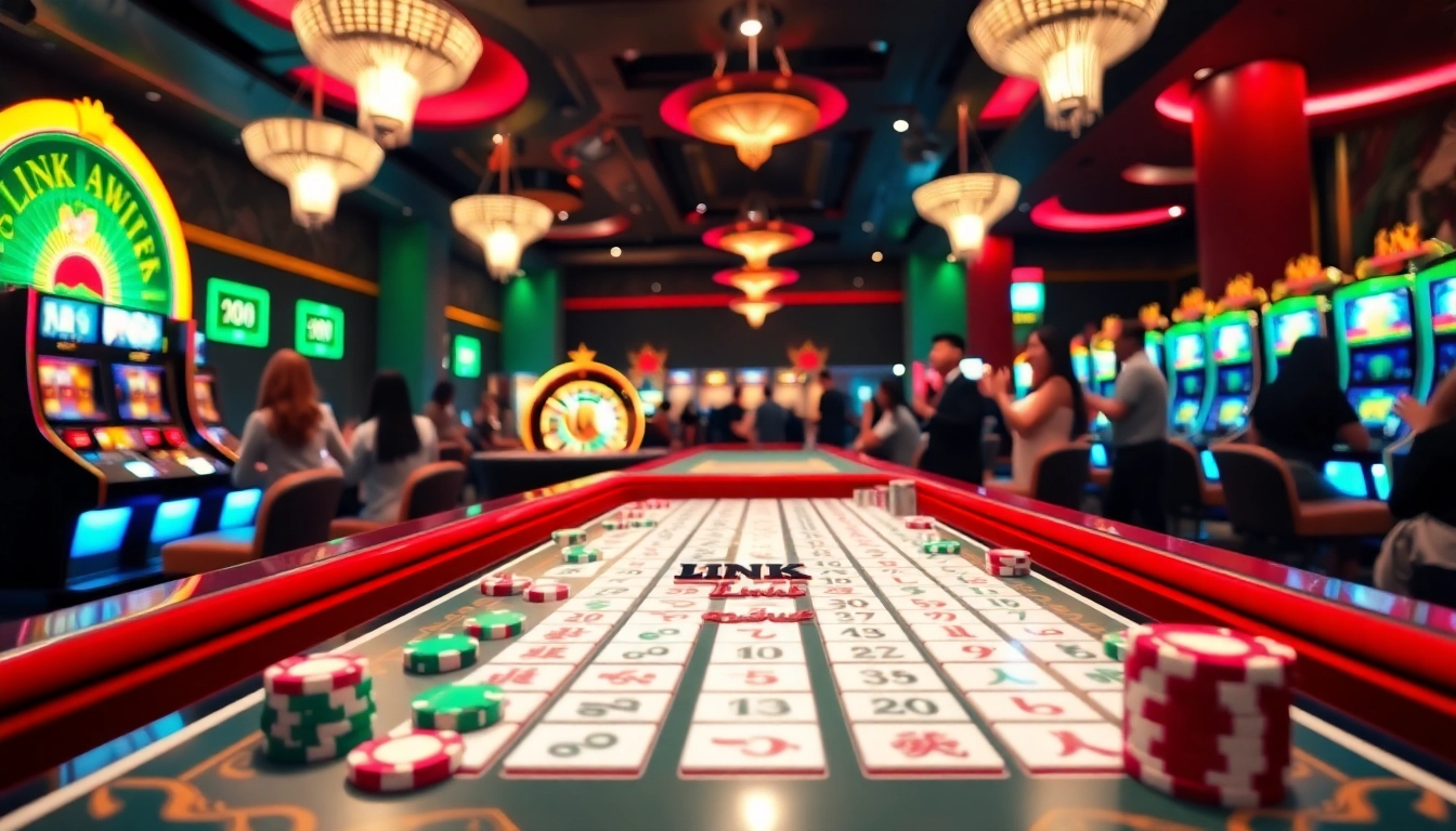 Link Mahjong action at a casino table with colorful tiles and excited players.