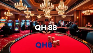 Engaged gamblers play poker at a luxurious casino table featuring QH88 branding amidst vibrant slot machines.
