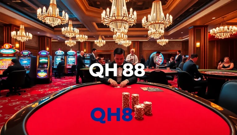 Engaged gamblers play poker at a luxurious casino table featuring QH88 branding amidst vibrant slot machines.