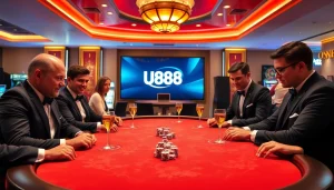 U888 casino scene depicting high-stakes poker with players strategizing while enjoying the atmosphere.