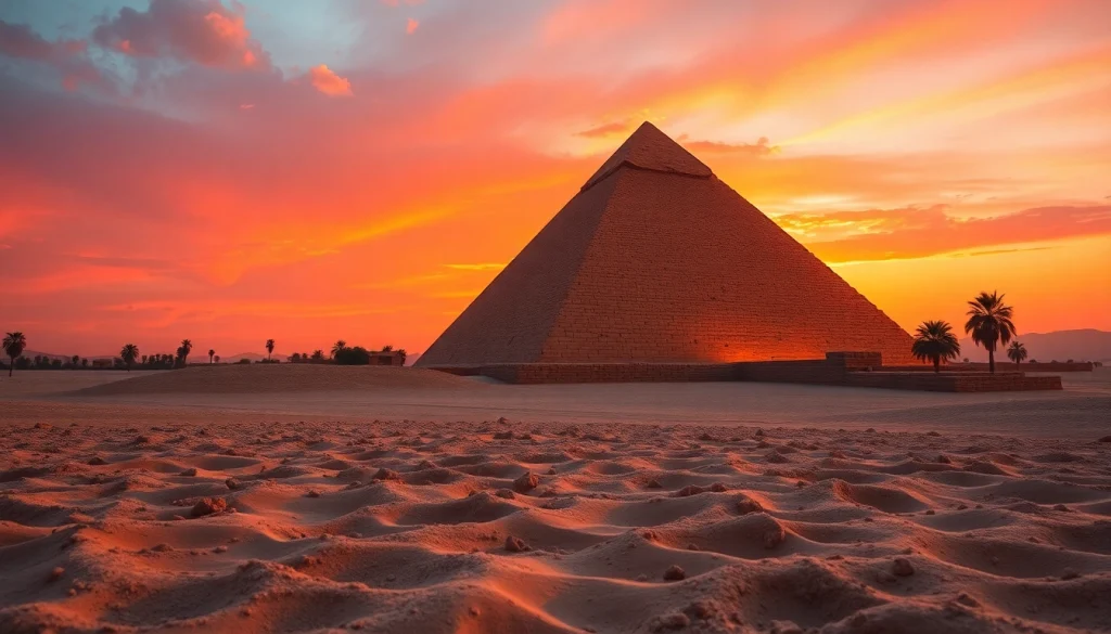 Visually striking view of the piraminds rising under a colorful sunset.