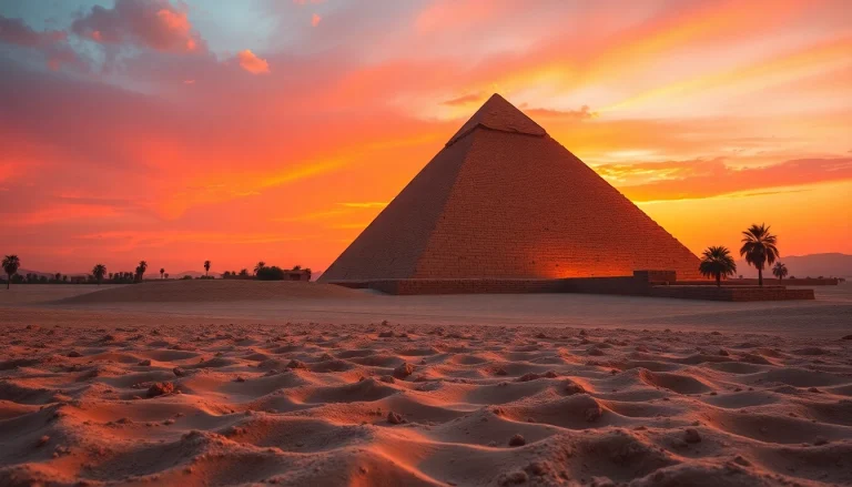 Visually striking view of the piraminds rising under a colorful sunset.