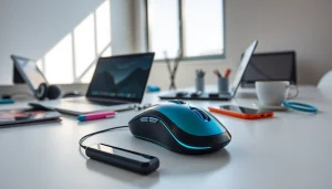 スタイリッシュなマウスコンピューターのマウスがモダンなデスク環境で、テックアクセサリーを披露しています。