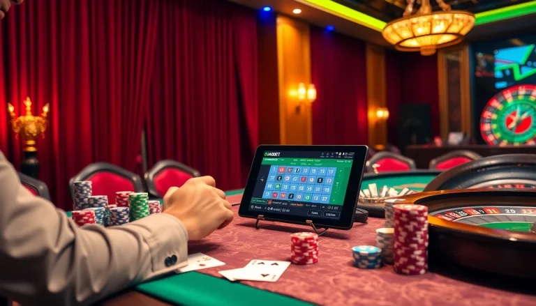 Experience sbobet online betting at a vibrant casino table with poker chips and cards.