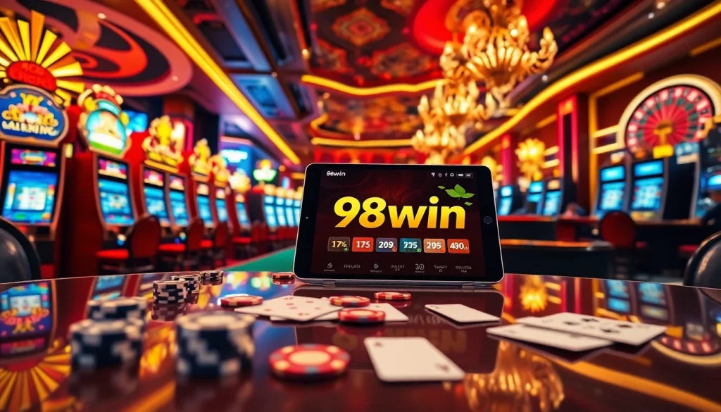 Experience the thrill of gambling with the 98win app on a modern tablet surrounded by casino excitement.