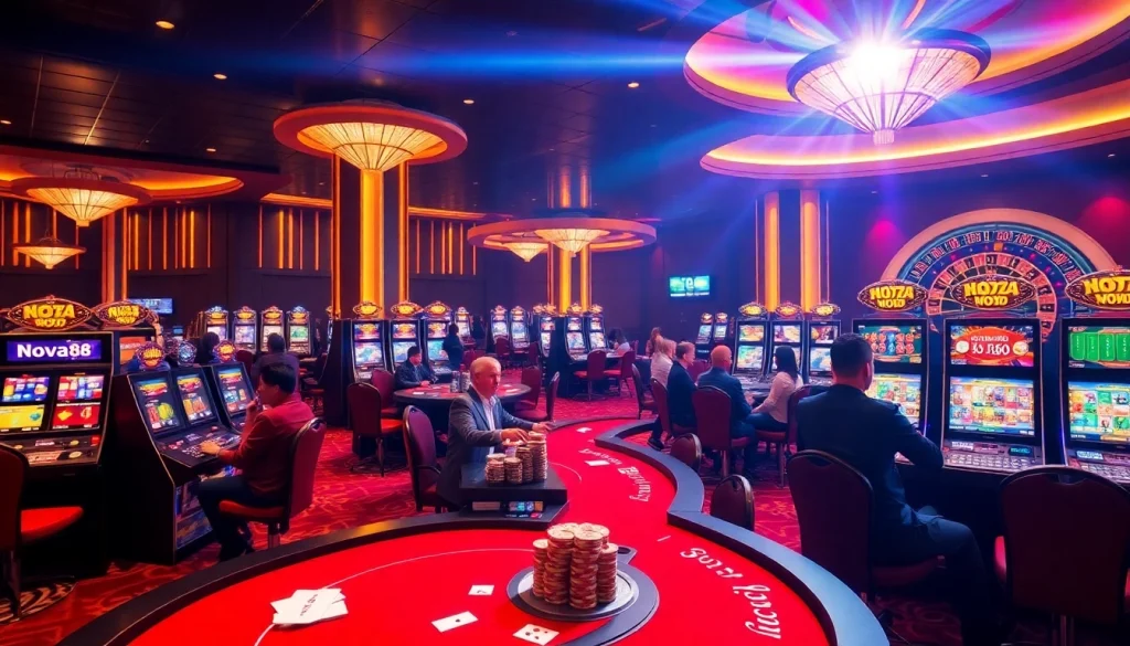 Nova88 players engaging in a thrilling casino experience with vibrant slots and poker games.