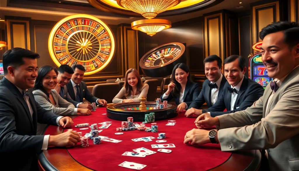 Excited players engaging with "raja 88" at a luxurious casino, highlighting poker chips and cards.