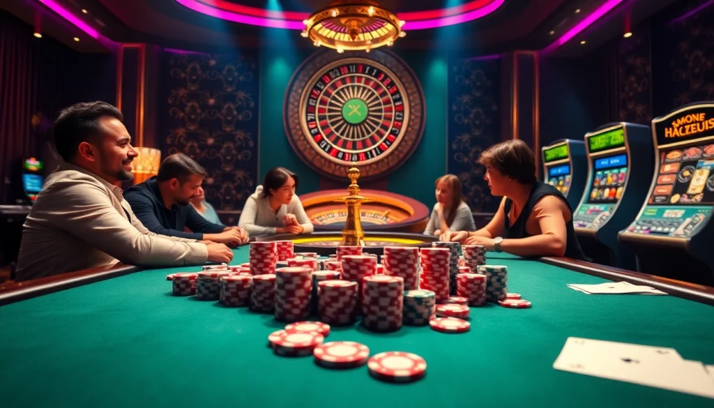 HAYBET gaming excitement at a lavish casino with poker tables and colorful chips.