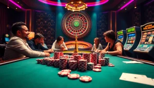 HAYBET gaming excitement at a lavish casino with poker tables and colorful chips.