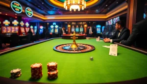 Nohu-themed casino scene featuring a poker table, roulette wheel, and vibrant slot machines.