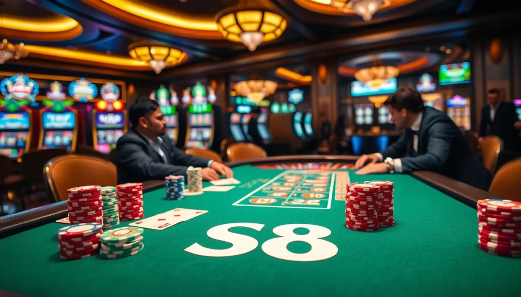 Winning strategies at the poker table with S8-themed poker chips and vibrant gaming ambiance.