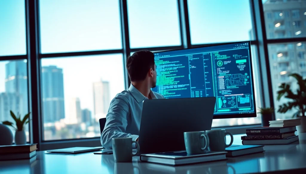 Software engineering in a modern office with a programmer coding on a laptop.