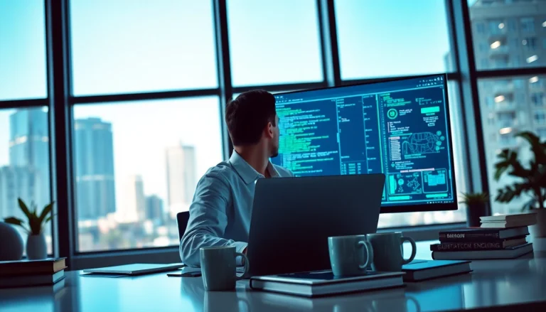 Software engineering in a modern office with a programmer coding on a laptop.