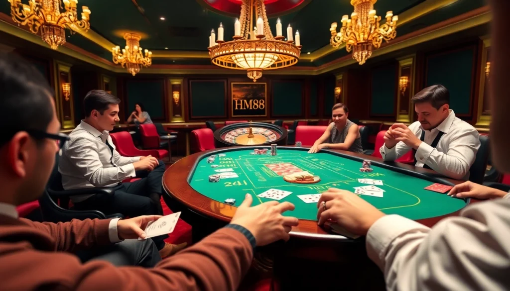 Players enjoying the HM88 poker table in an upscale casino environment
