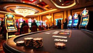 S8ok.com showcases a luxurious casino scene with players at a poker table, vibrant slot machines, and elegant decor.