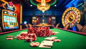 Engaging casino scene at https://sc88.archi/ featuring a vibrant poker table, chips, and an elegant slot machine.