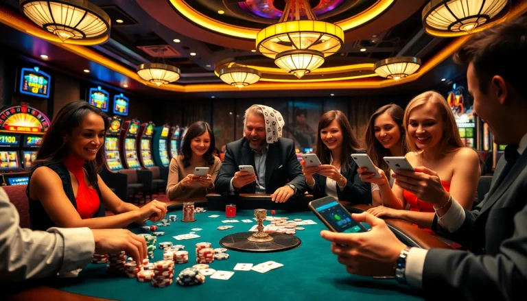 Players enjoying the 7c77 app with poker chips and vibrant casino elements.