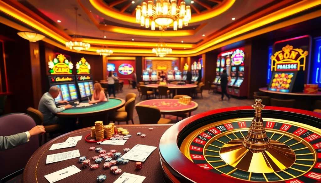 Capture the excitement of Luckywin casino gaming with colorful slots and players at poker tables.