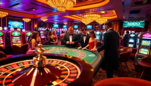 Experience high-stakes action at SODO Casino, featuring blackjack tables and vibrant slot machines.