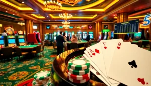 Experience excitement at a situs deposit 5k casino, showcasing vibrant slot machines and poker tables.