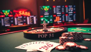 Experience thrilling gameplay at SA88 with vibrant chips and roulette wheel in an upscale casino.