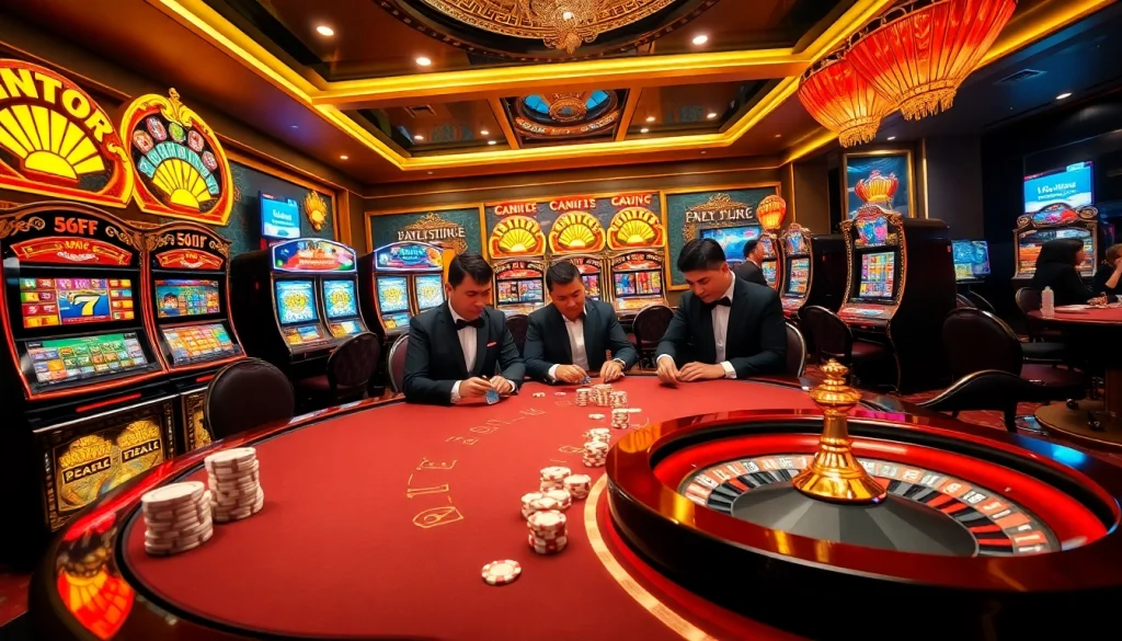 Engage in thrilling poker action at 6FF online casino, surrounded by vibrant slot machines.