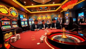 Engage in thrilling poker action at 6FF online casino, surrounded by vibrant slot machines.