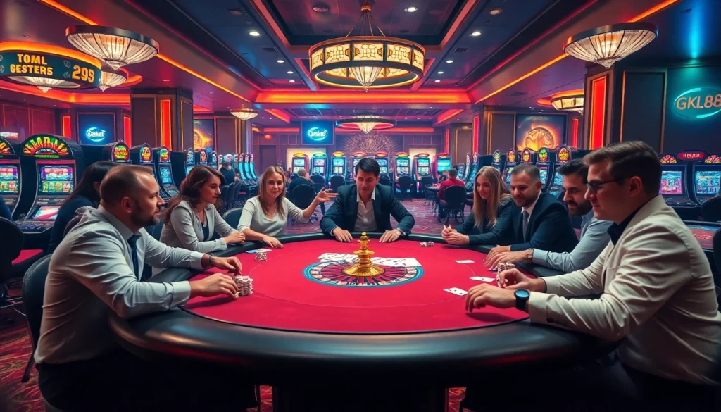 Experience thrilling gameplay at https://gk88.in.net/ with players enjoying poker amidst luxurious casino decor.