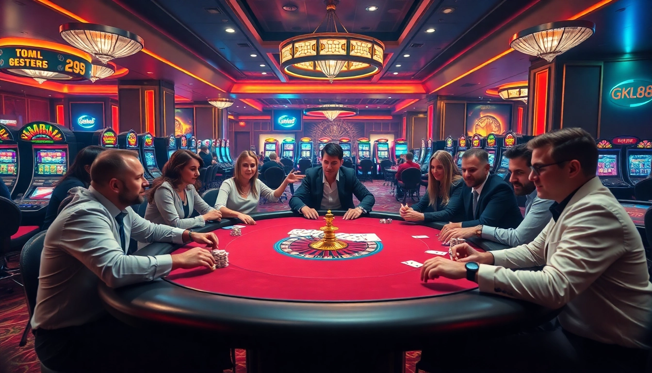 Experience thrilling gameplay at https://gk88.in.net/ with players enjoying poker amidst luxurious casino decor.