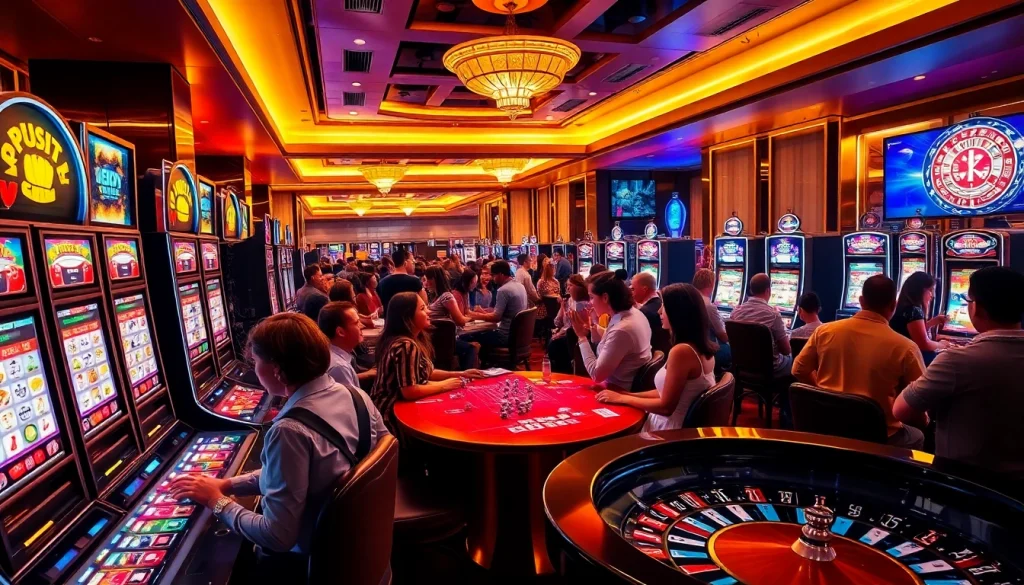 Penjudi menikmati permainan yang mendebarkan di kasino mewah yang menampilkan mesin slot situs deposit 5k dan suasana yang meriah.