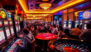 Penjudi menikmati permainan yang mendebarkan di kasino mewah yang menampilkan mesin slot situs deposit 5k dan suasana yang meriah.