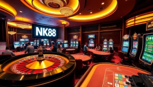 Engaging scene of NK88 casino gameplay with roulette wheel and players enjoying their bets.