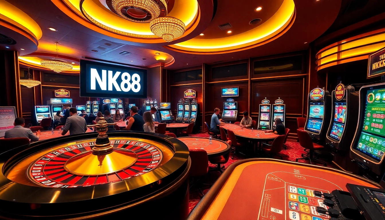 Engaging scene of NK88 casino gameplay with roulette wheel and players enjoying their bets.
