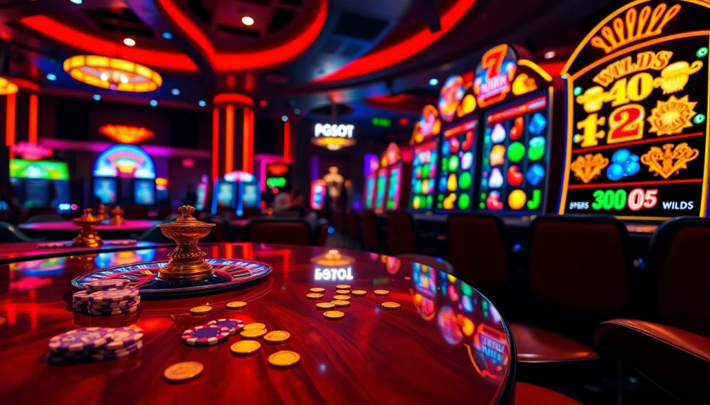 Gamblers playing PGSLOT in a luxurious casino environment with vibrant slot machines and poker chips.
