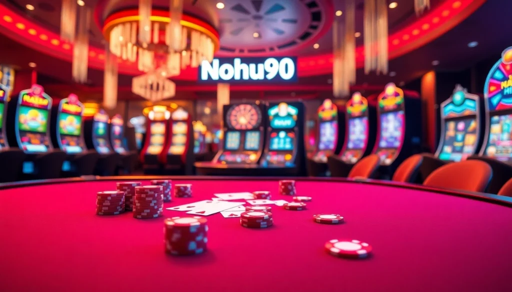 Experience the excitement of Nohu90 with vibrant poker chips, cards, and a dynamic casino atmosphere.